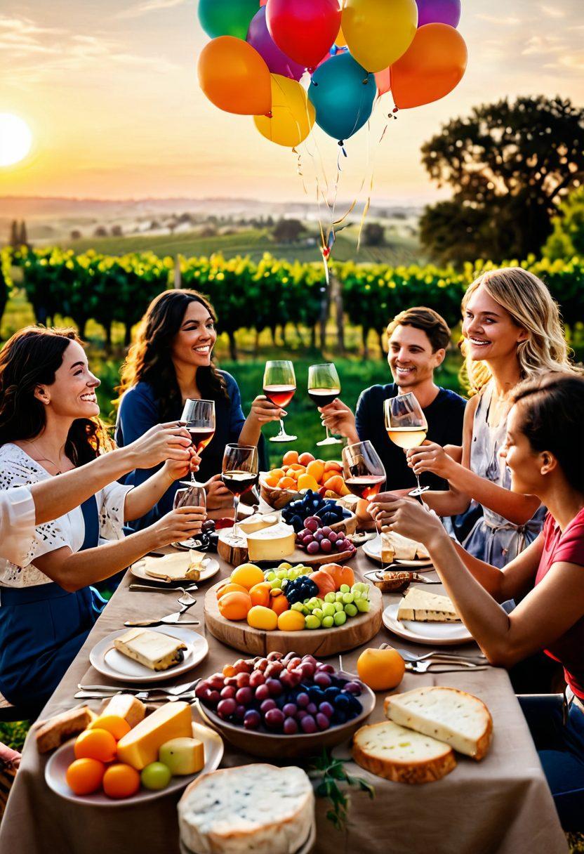 A lively wine tasting scene with a diverse group of people laughing and enjoying various wines. Include colorful wine glasses filled with red, white, and rosé, surrounded by a vibrant spread of artisanal cheeses, fruits, and bread. The background features a warm, inviting vineyard under a golden sunset, enhancing the joyful atmosphere. Add playful decorations like balloons and streamers for a festive touch. super-realistic. vibrant colors. warm tones.
