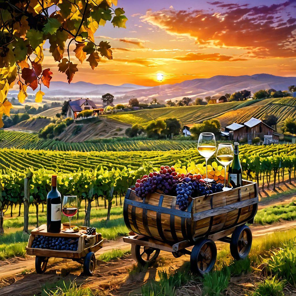 A vibrant vineyard at sunset, with rolling hills covered in lush grapevines, clusters of ripe grapes glistening under the golden light. A couple clinks their wine glasses, expressing joy and enthusiasm. Wine barrels and an old wooden cart in the background add rustic charm. The sky filled with warm hues of orange and purple creates an inviting atmosphere. super-realistic. vibrant colors. soft focus.